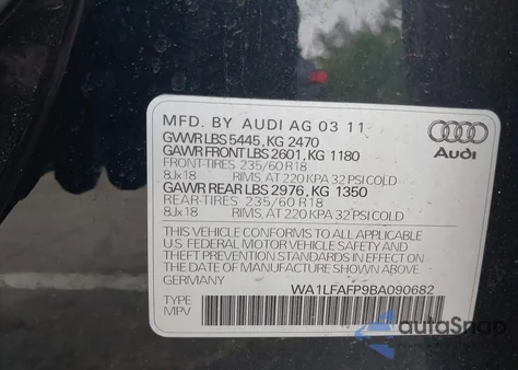 2011 Audi Q5 2.0T Premium из США, поврежденный, VIN WA1LFAFP9BA090682